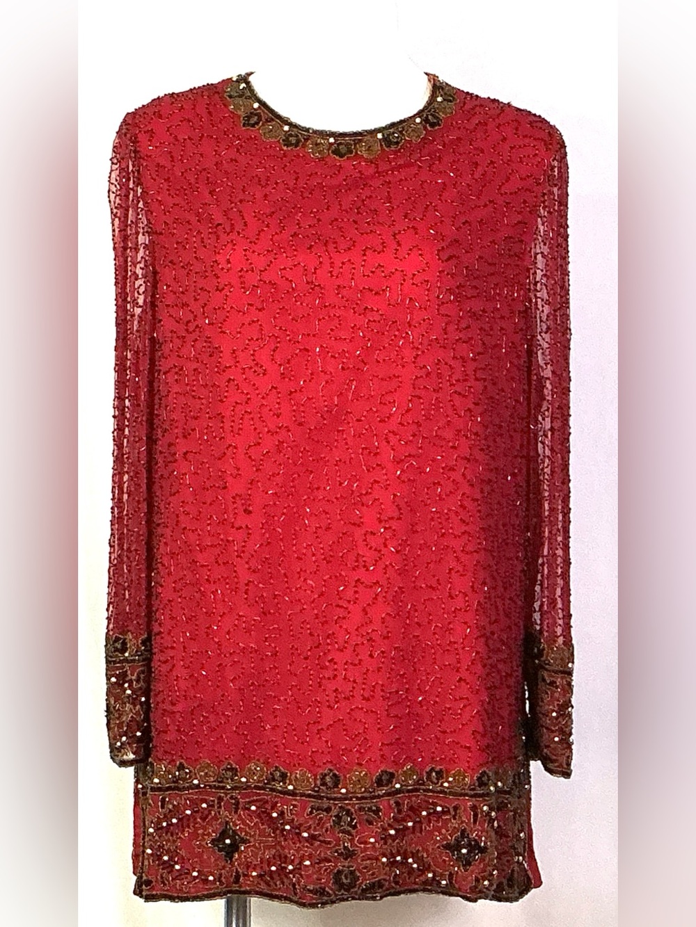 Laurence Kazar Red Beaded Long-Sleeve silk     Tunic with Ornate Trim